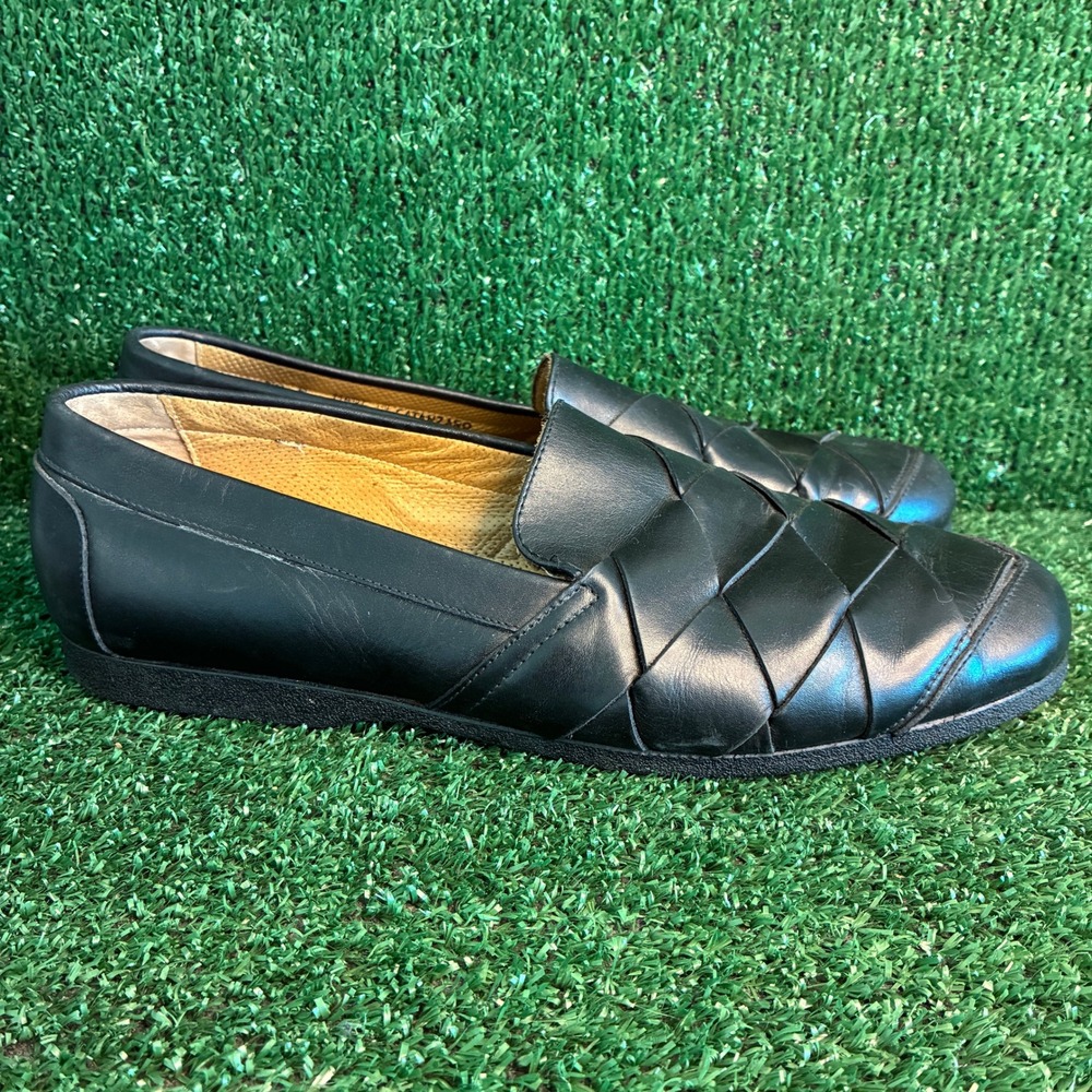 Bally Woven Leather Slip On Flat Loafer Luxury Dress Shoe Black Womens Size 10 M